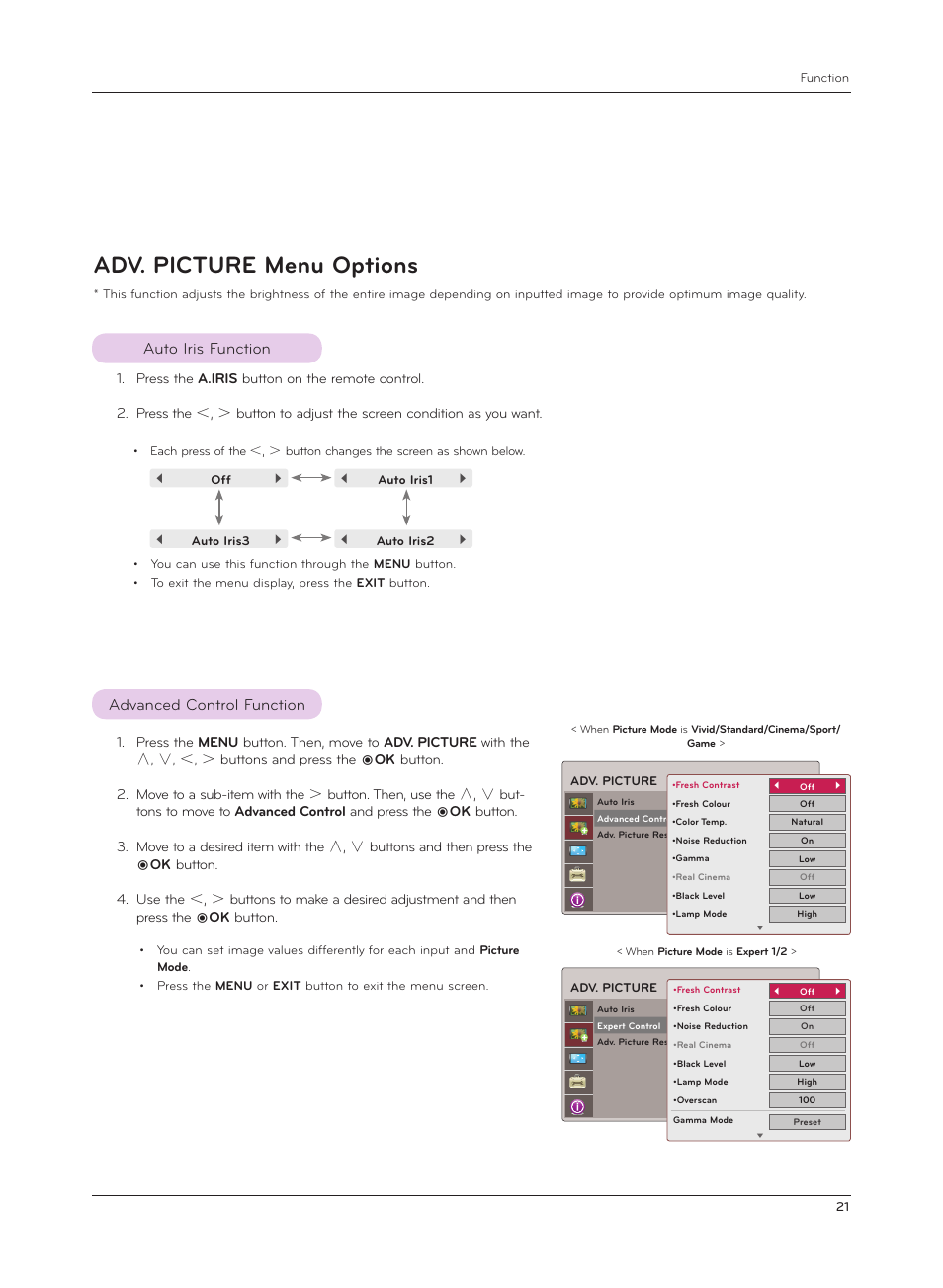Adv. picture menu options, Auto iris function, Advanced control function | Auto iris function advanced control function | LG AF115 User Manual | Page 21 / 36