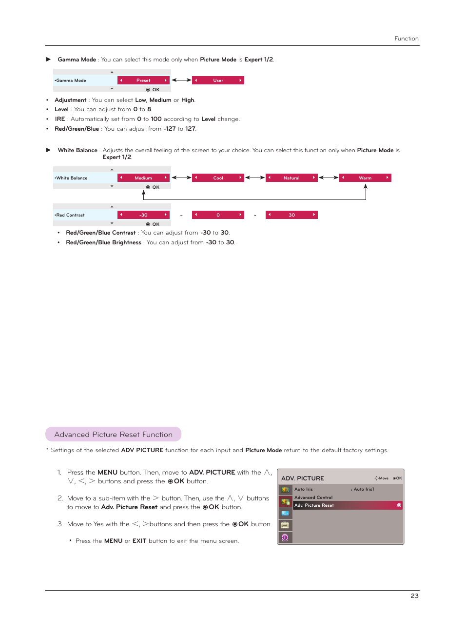 Advanced picture reset function | LG AF115 User Manual | Page 23 / 36