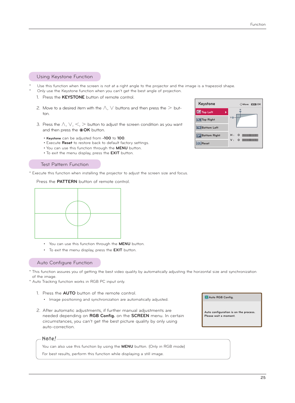 Using keystone function, Test pattern function, Auto configure function | LG AF115 User Manual | Page 25 / 36