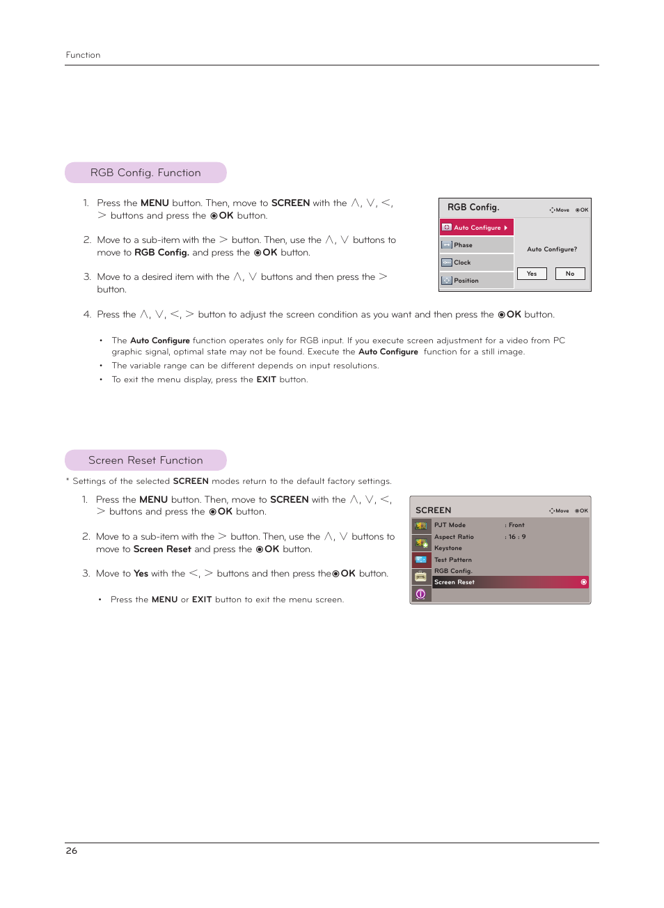Rgb config. function, Screen reset function, Rgb config. function screen reset function | LG AF115 User Manual | Page 26 / 36