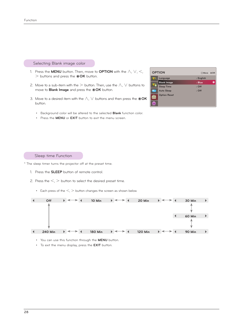Selecting blank image color, Sleep time function | LG AF115 User Manual | Page 28 / 36