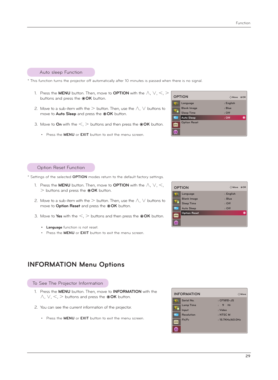 Auto sleep function, Option reset function, Information menu options | To see the projector information | LG AF115 User Manual | Page 29 / 36