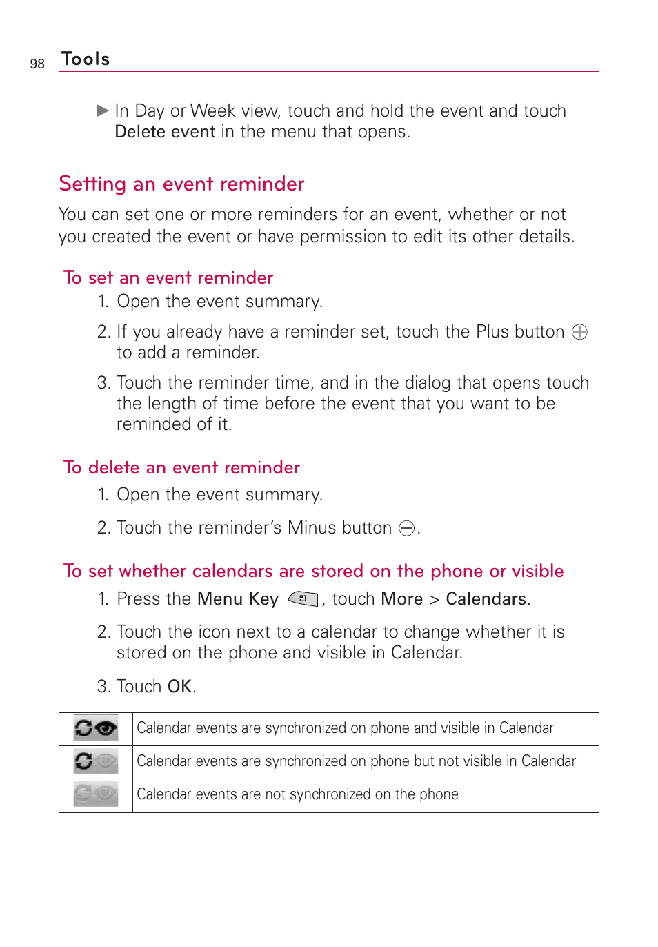 Setting an event reminder | LG US760 User Manual | Page 100 / 312