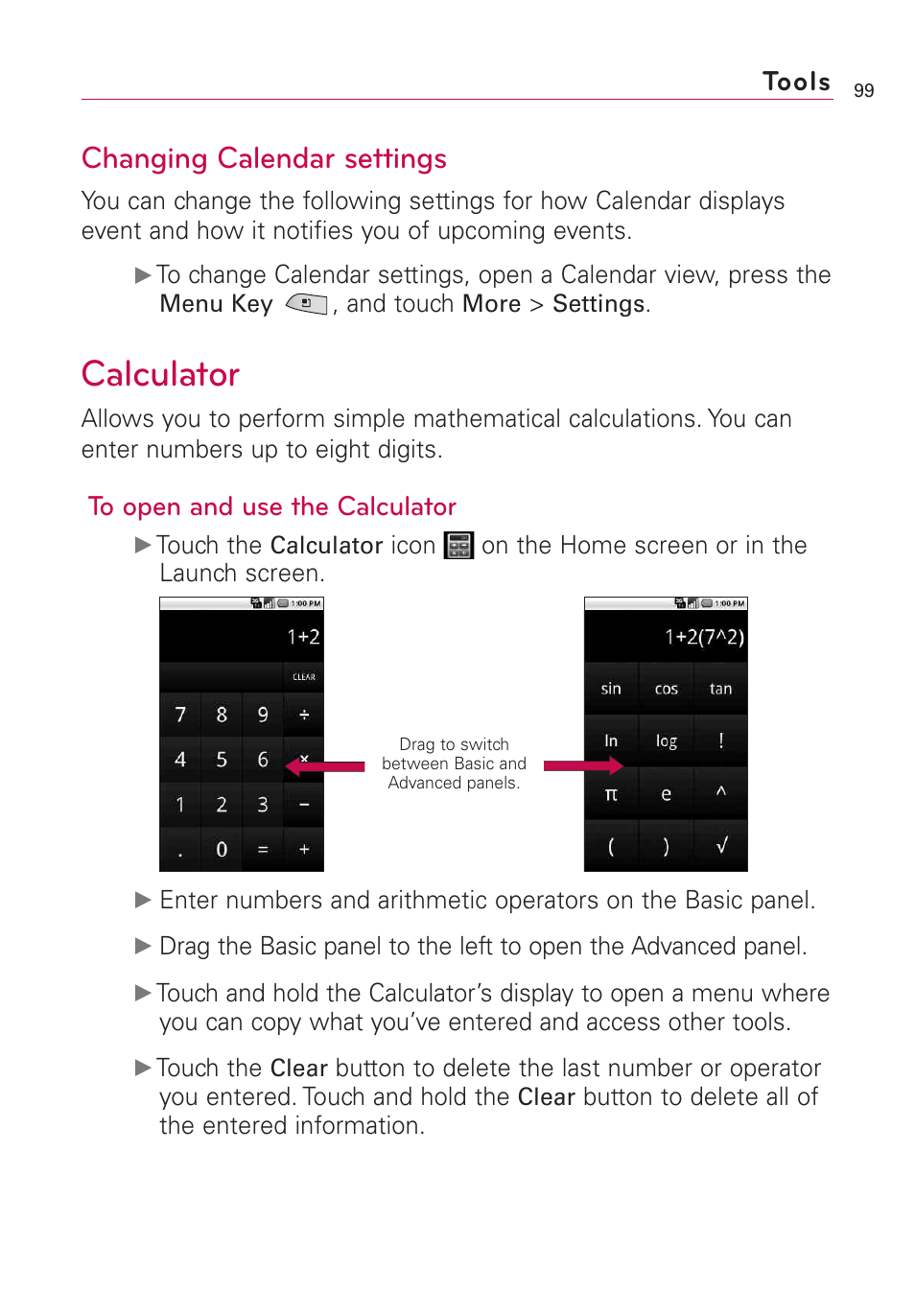 Calculator, Changing calendar settings, Tools | LG US760 User Manual | Page 101 / 312