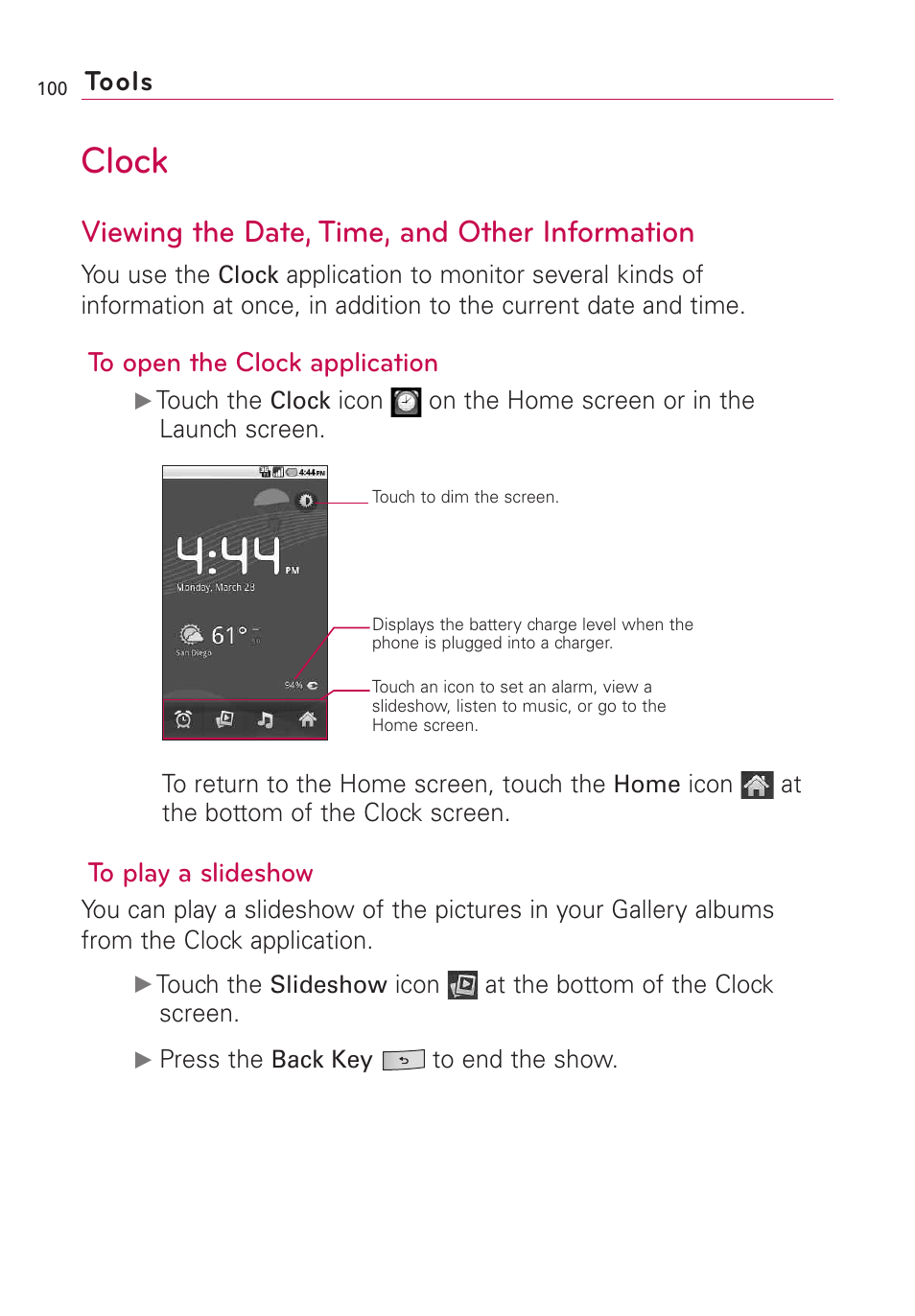 Clock, Viewing the date, time, and other information, Tools | LG US760 User Manual | Page 102 / 312