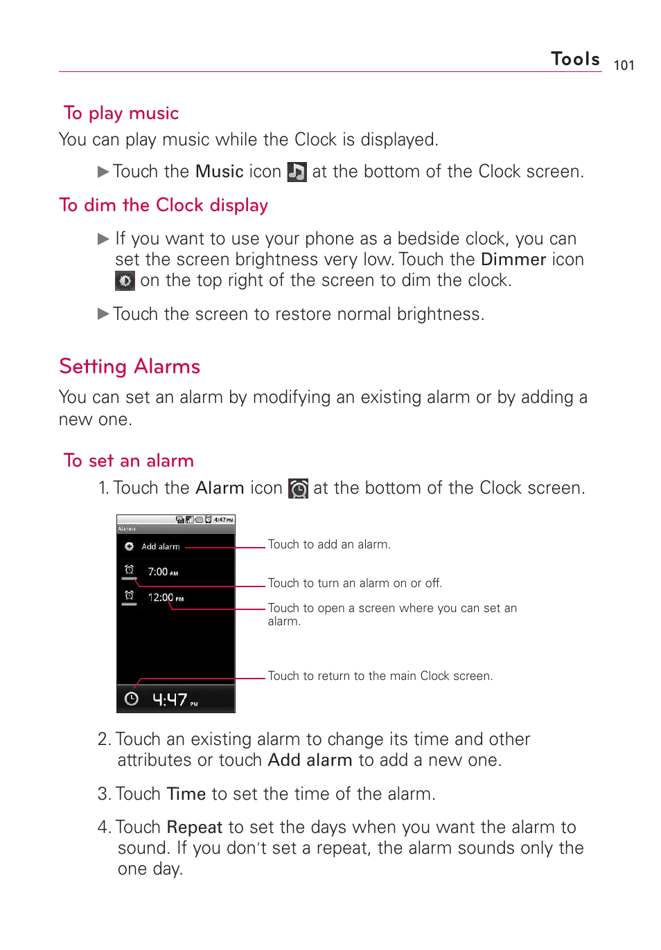 Setting alarms, Tools to play music | LG US760 User Manual | Page 103 / 312