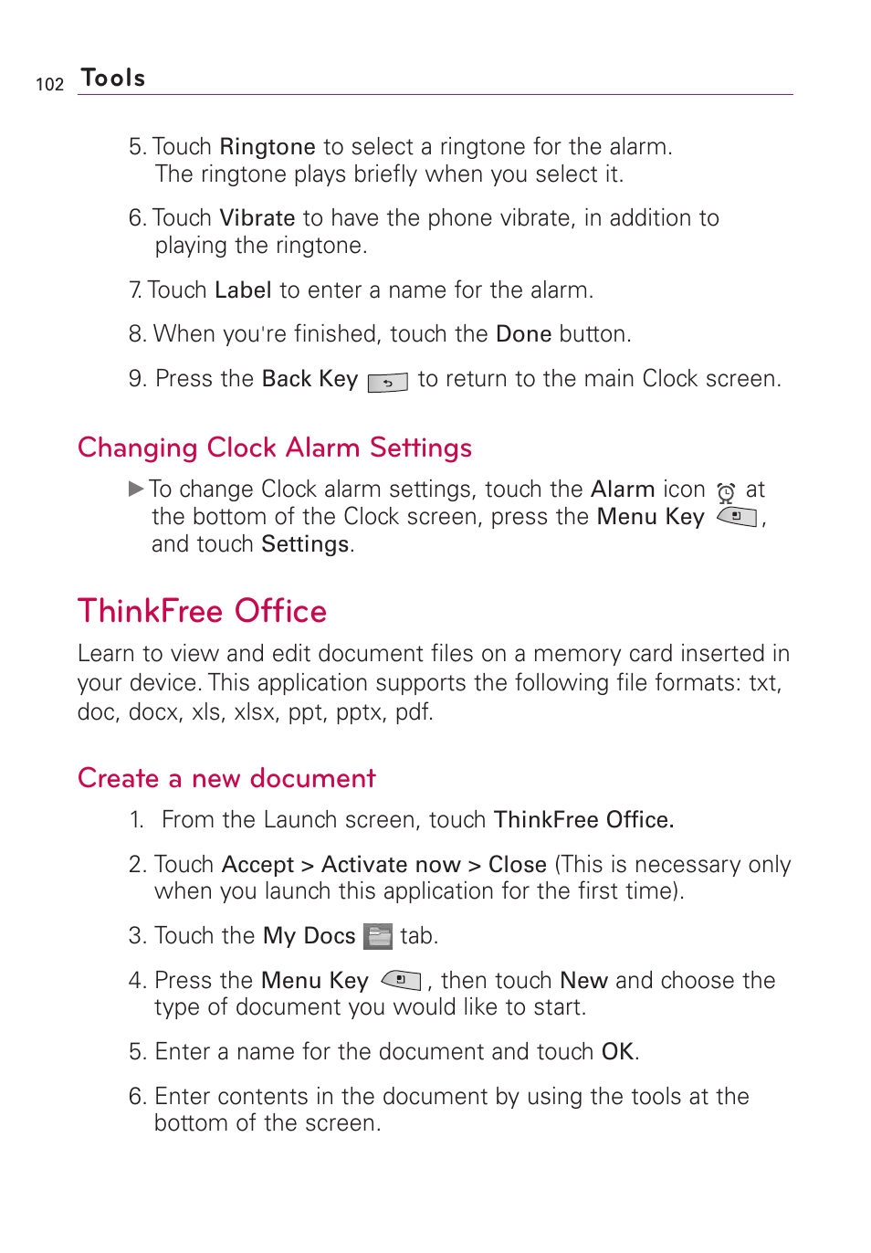 Thinkfree office, Changing clock alarm settings, Create a new document | LG US760 User Manual | Page 104 / 312