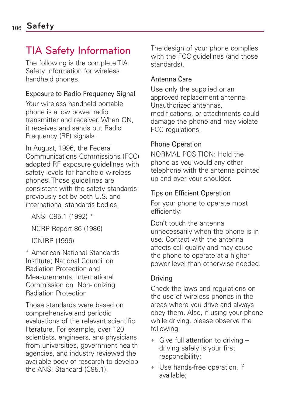 Safety, Tia safety information | LG US760 User Manual | Page 108 / 312