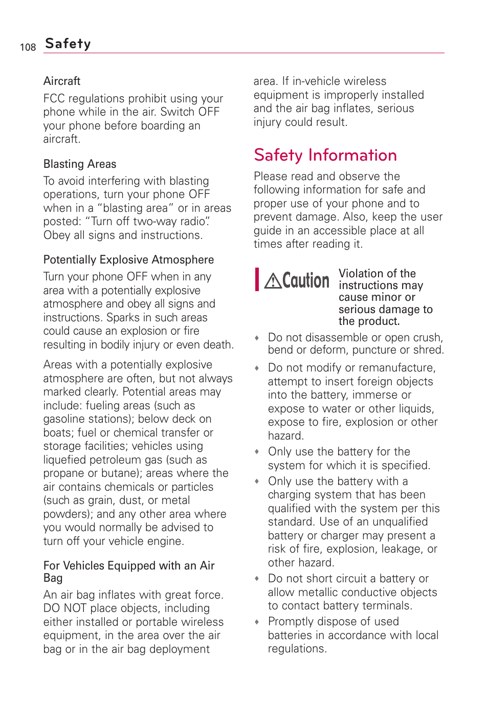 Caution, Safety information, Safety | LG US760 User Manual | Page 110 / 312