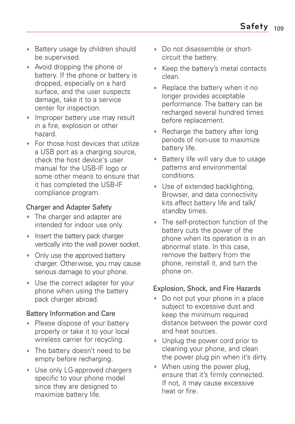 Safety, Battery usage by children should be supervised, Do not disassemble or short- circuit the battery | Keep the battery’s metal contacts clean | LG US760 User Manual | Page 111 / 312