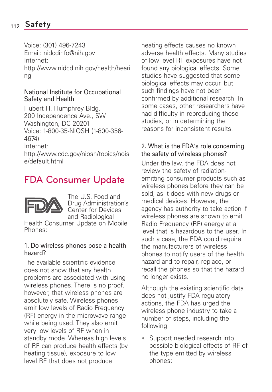 Fda consumer update, Safety | LG US760 User Manual | Page 114 / 312