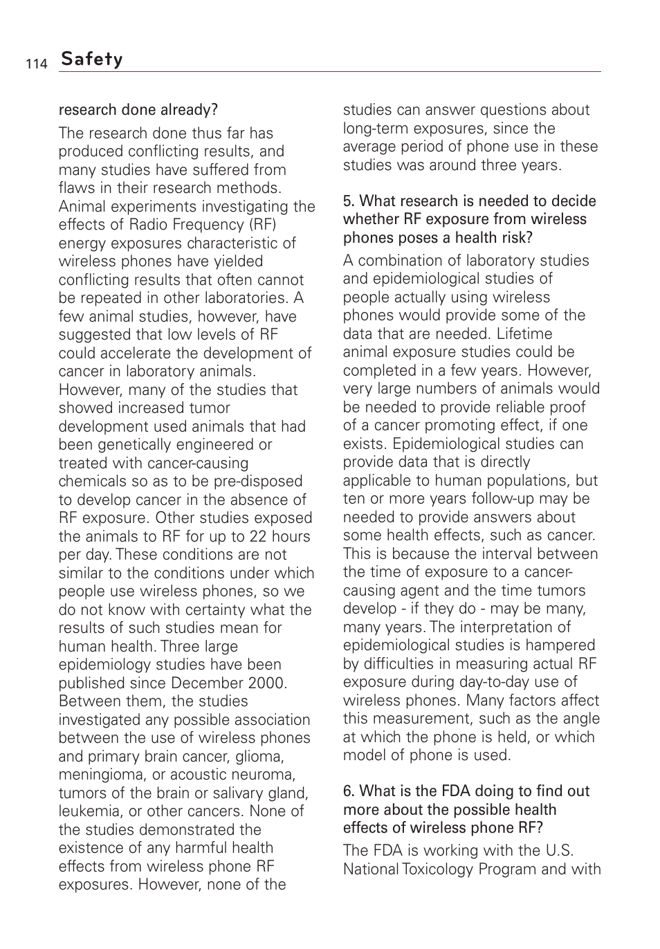 Safety | LG US760 User Manual | Page 116 / 312