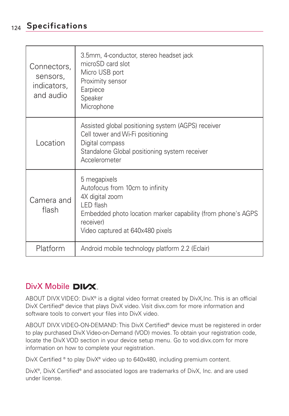 Specifications, Divx mobile, Connectors, sensors, indicators, and audio | Location, Camera and flash, Platform | LG US760 User Manual | Page 126 / 312