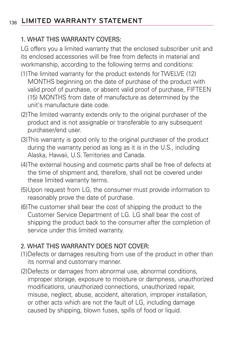 Limited warranty statement | LG US760 User Manual | Page 138 / 312