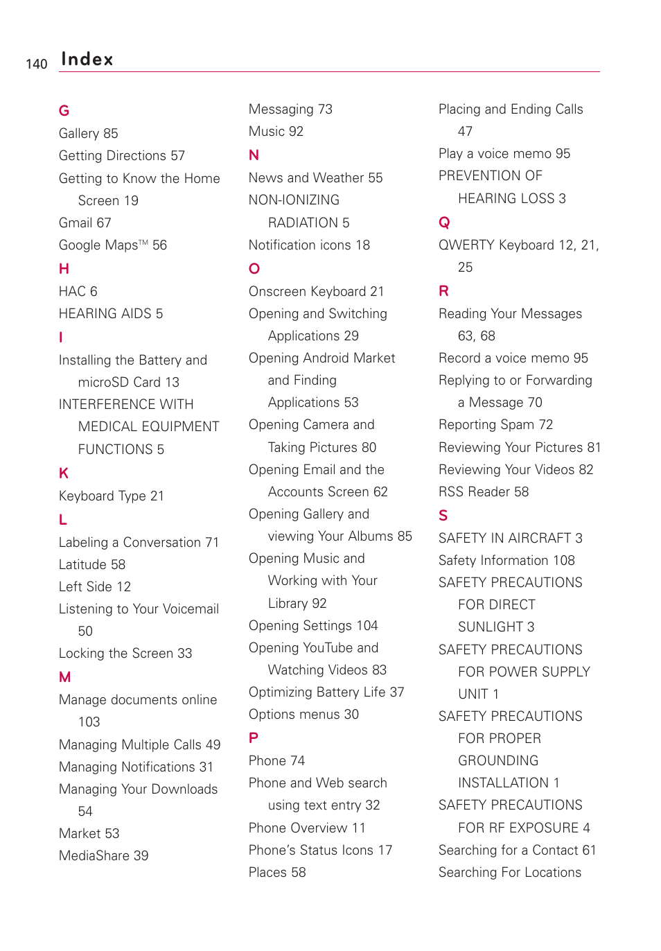 Index | LG US760 User Manual | Page 142 / 312