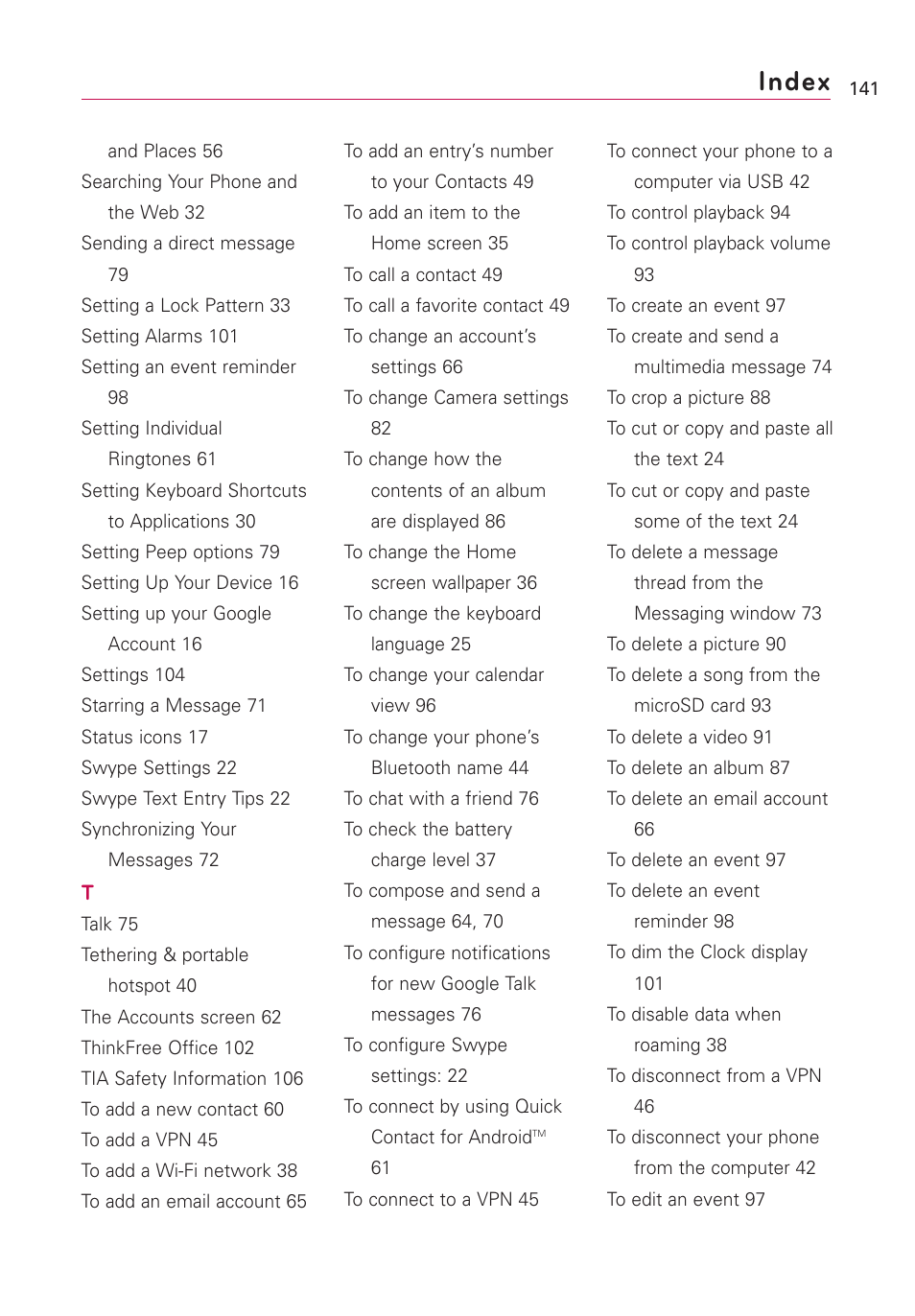 Index | LG US760 User Manual | Page 143 / 312