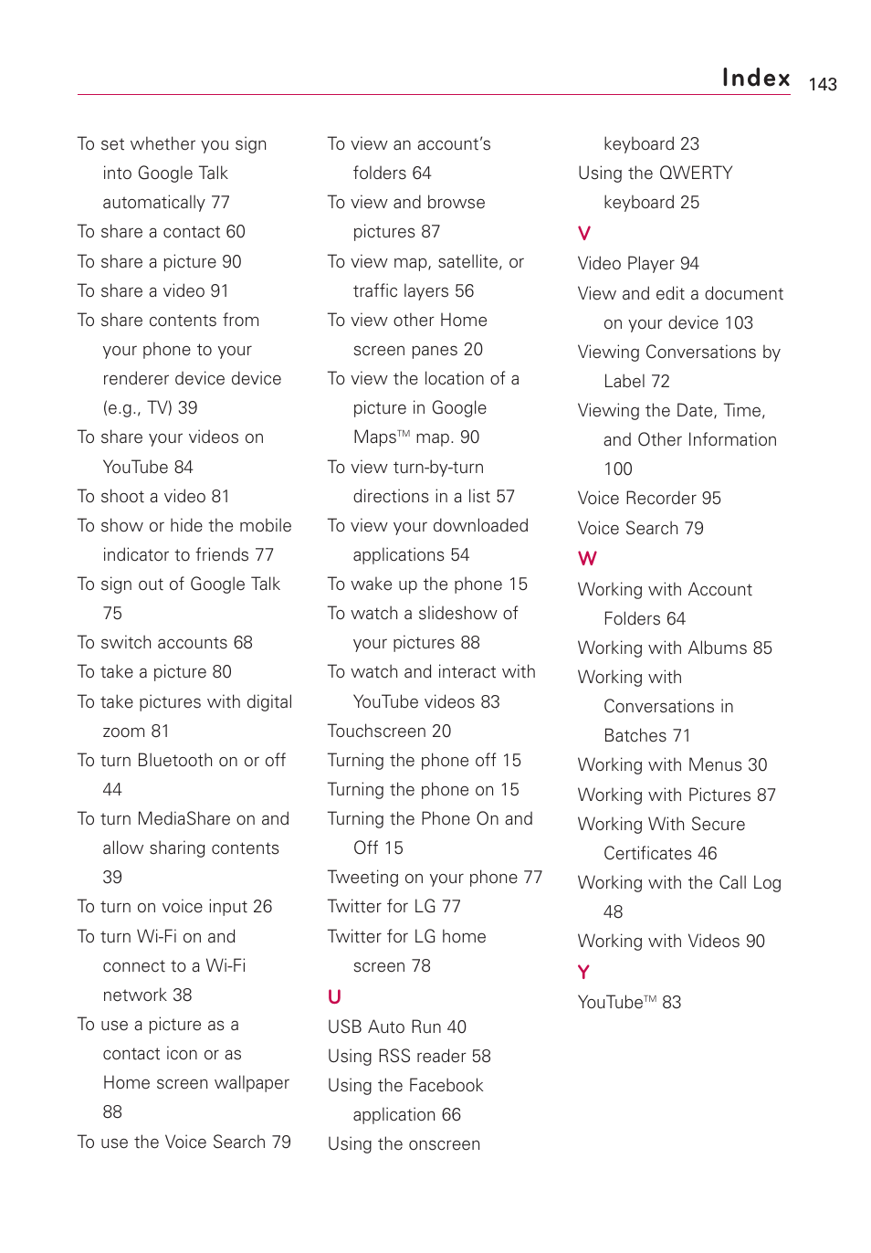 Index | LG US760 User Manual | Page 145 / 312