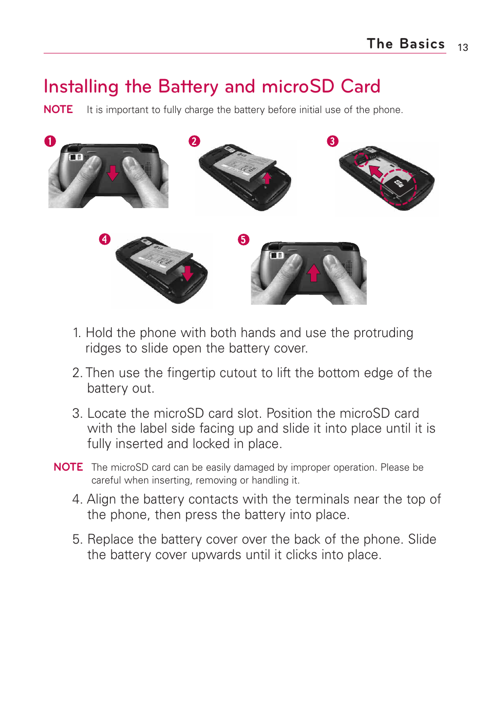 Installing the battery and microsd card, The basics | LG US760 User Manual | Page 15 / 312