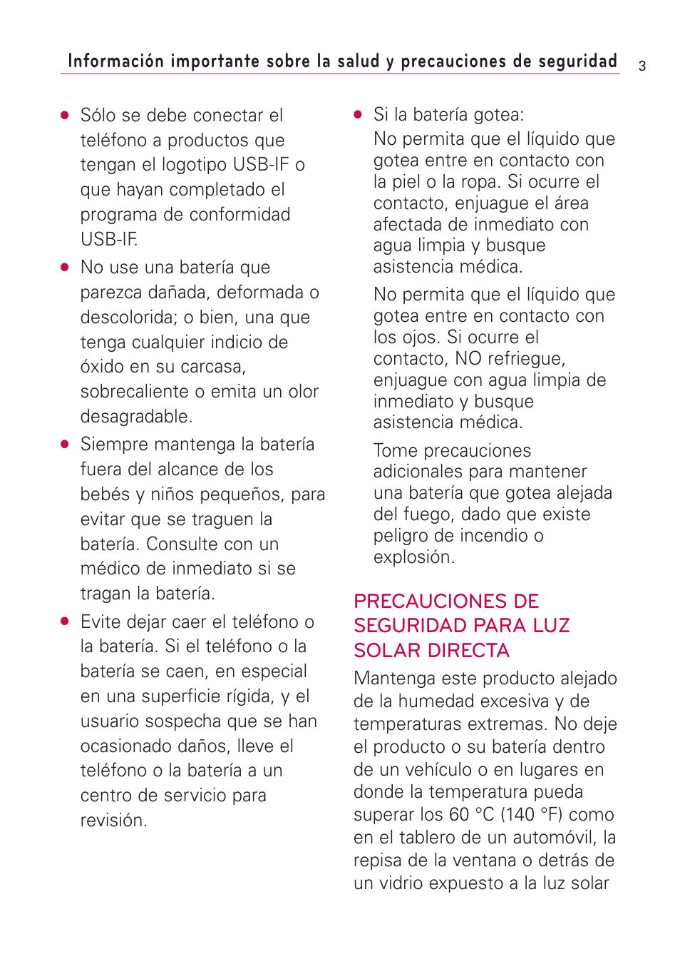 Precauciones de seguridad para luz solar directa | LG US760 User Manual | Page 150 / 312