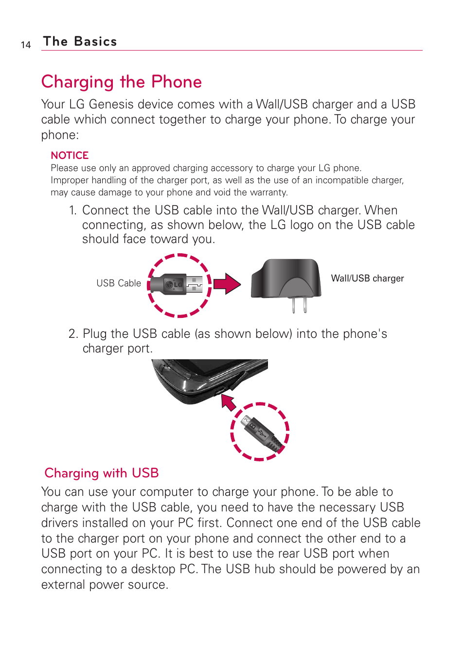 Charging the phone, The basics, Charging with usb | LG US760 User Manual | Page 16 / 312