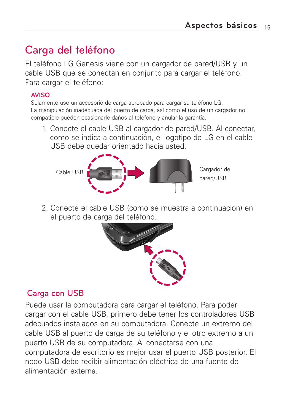 Carga del teléfono, Aspectos básicos, Carga con usb | LG US760 User Manual | Page 162 / 312