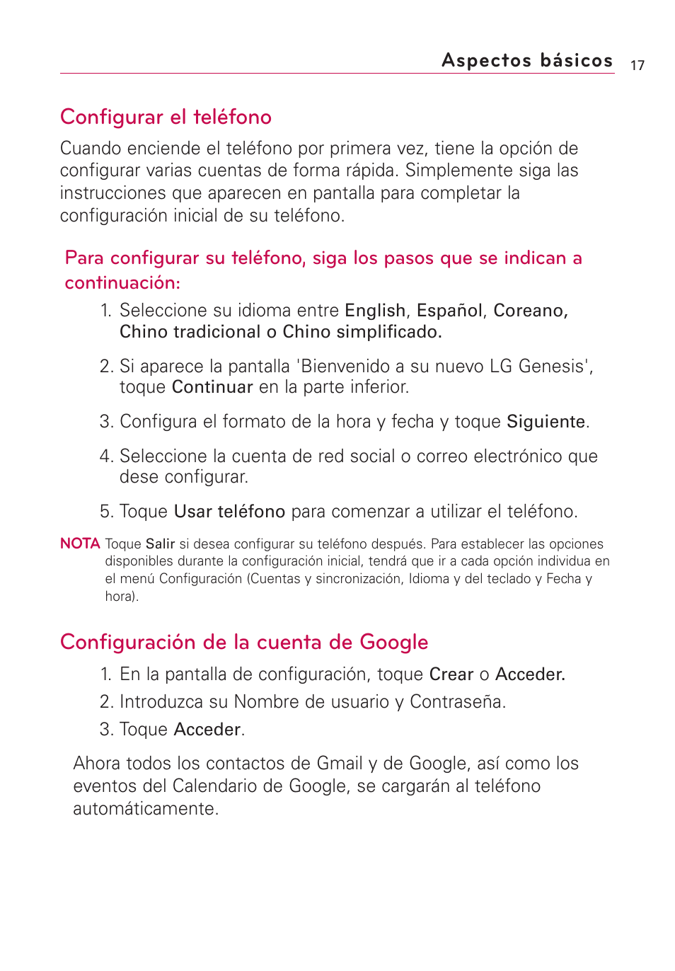 Configurar el teléfono, Configuración de la cuenta de google | LG US760 User Manual | Page 164 / 312