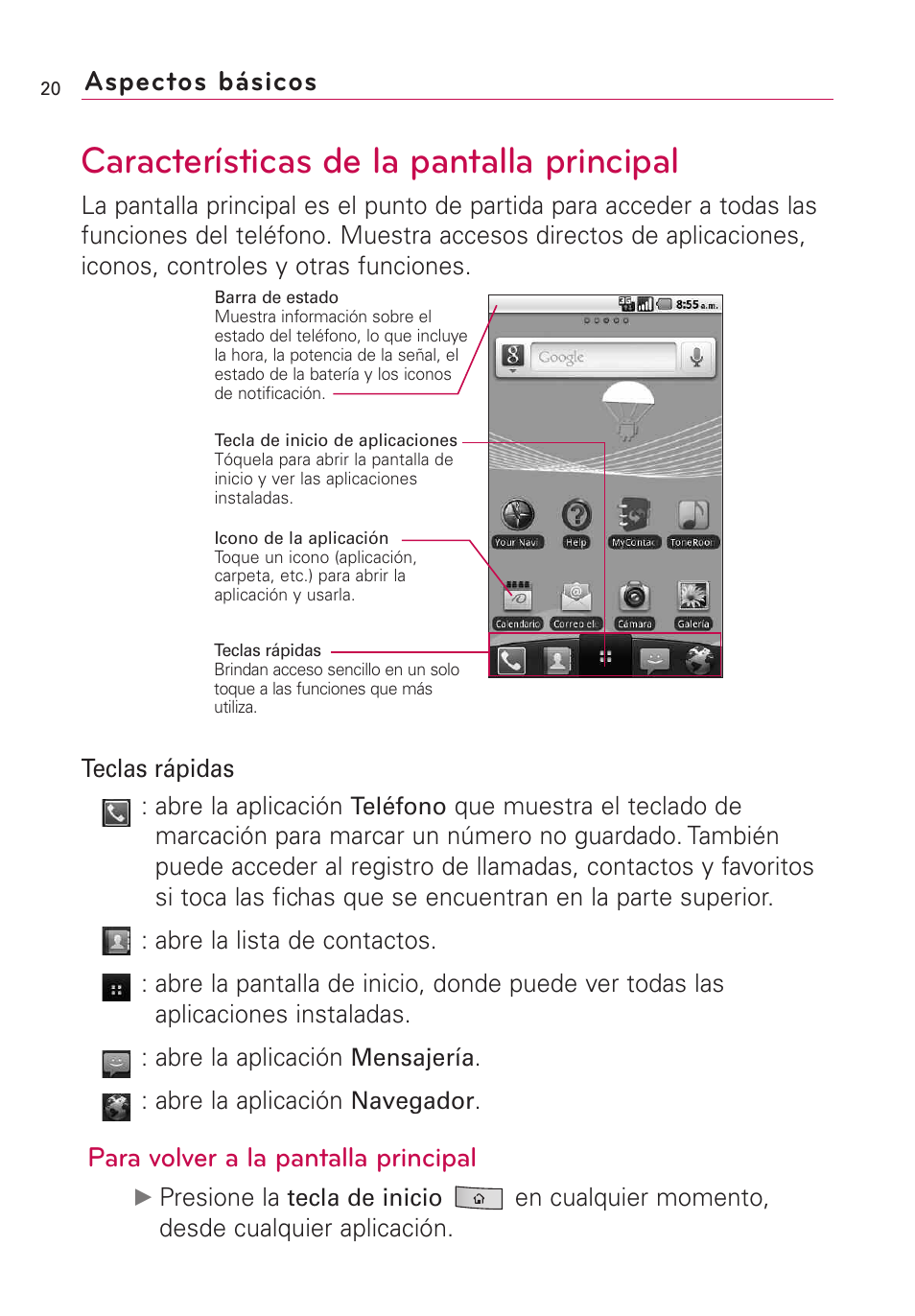 Características de la pantalla principal, Aspectos básicos, Para volver a la pantalla principal | LG US760 User Manual | Page 167 / 312