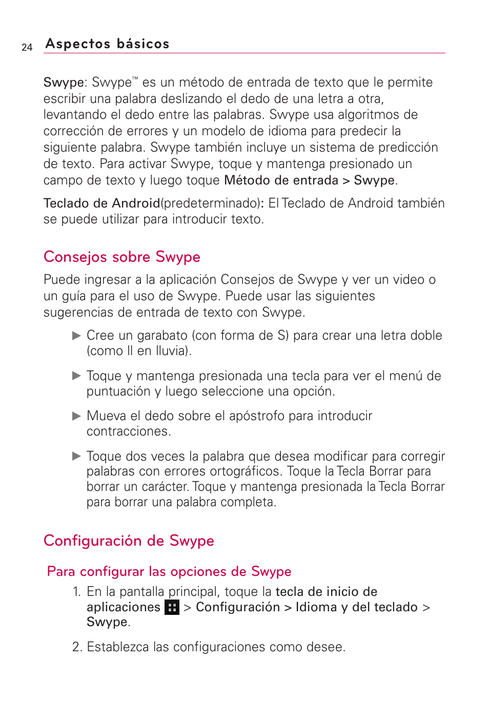 Consejos sobre swype, Configuración de swype, Para configurar las opciones de swype | Aspectos básicos | LG US760 User Manual | Page 171 / 312