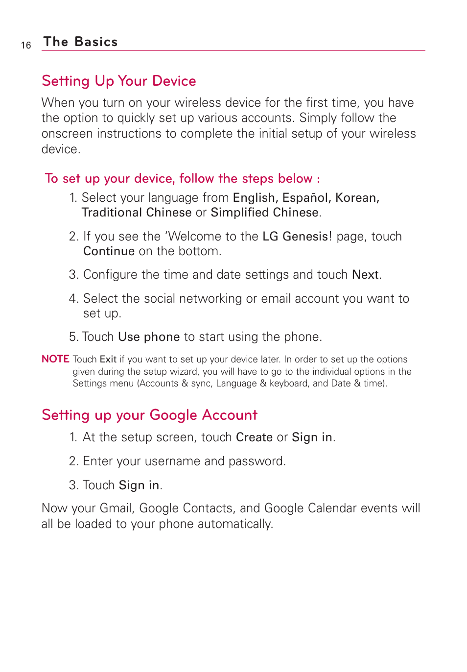 Setting up your device, Setting up your google account | LG US760 User Manual | Page 18 / 312