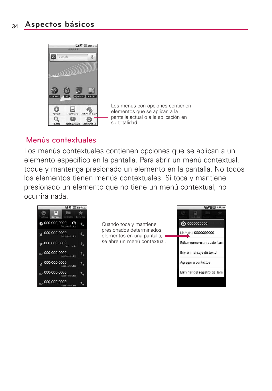 Menús contextuales, Aspectos básicos | LG US760 User Manual | Page 181 / 312