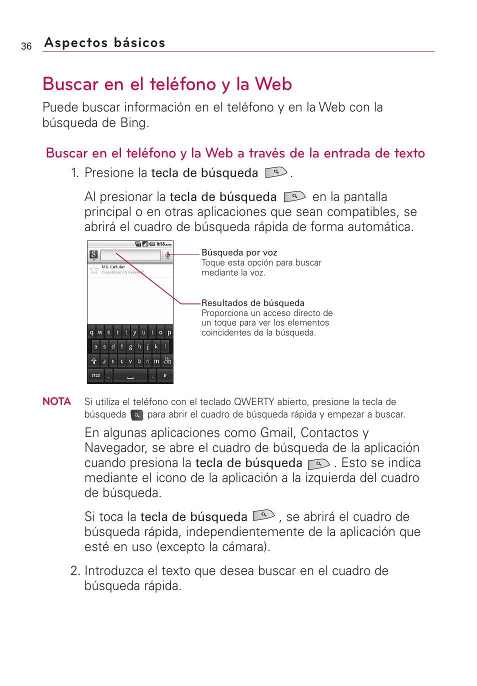 Buscar en el teléfono y la web, Aspectos básicos | LG US760 User Manual | Page 183 / 312