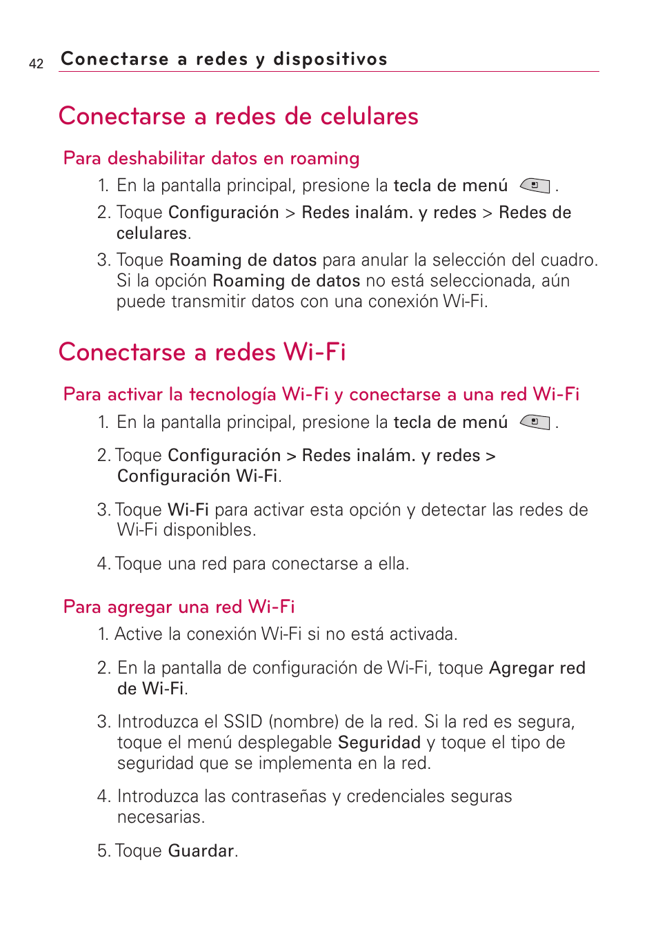 Conectarse a redes y disposi, Conectarse a redes y dispositivos, Conectarse a redes de celulares | Conectarse a redes wi-fi | LG US760 User Manual | Page 189 / 312