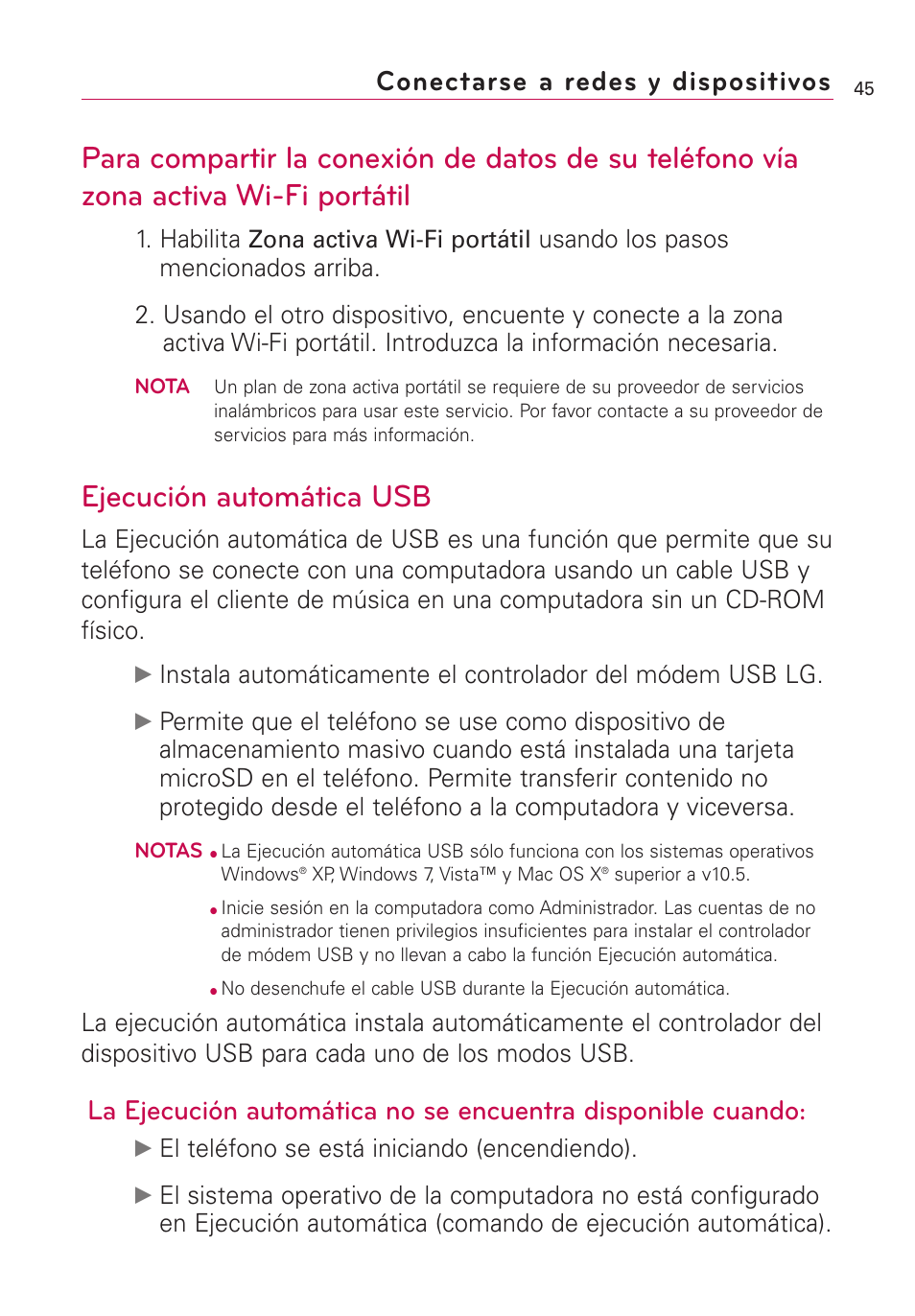 Ejecución automática usb, Conectarse a redes y dispositivos, Habilita | El teléfono se está iniciando (encendiendo) | LG US760 User Manual | Page 192 / 312