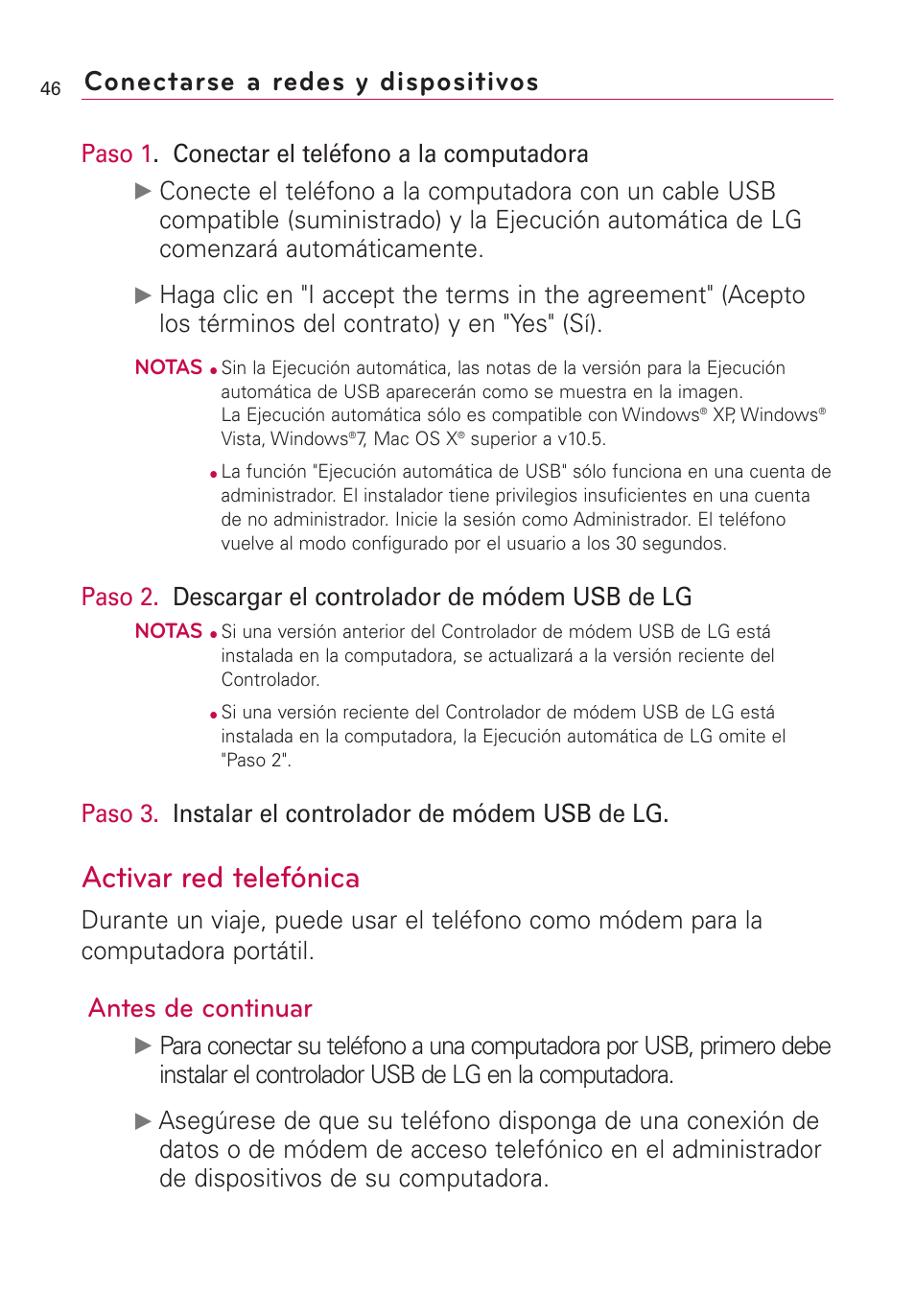 Activar red telefónica, Antes de continuar, Conectarse a redes y dispositivos | Paso 1 . conectar el teléfono a la computadora, Paso 3. instalar el controlador de módem usb de lg | LG US760 User Manual | Page 193 / 312