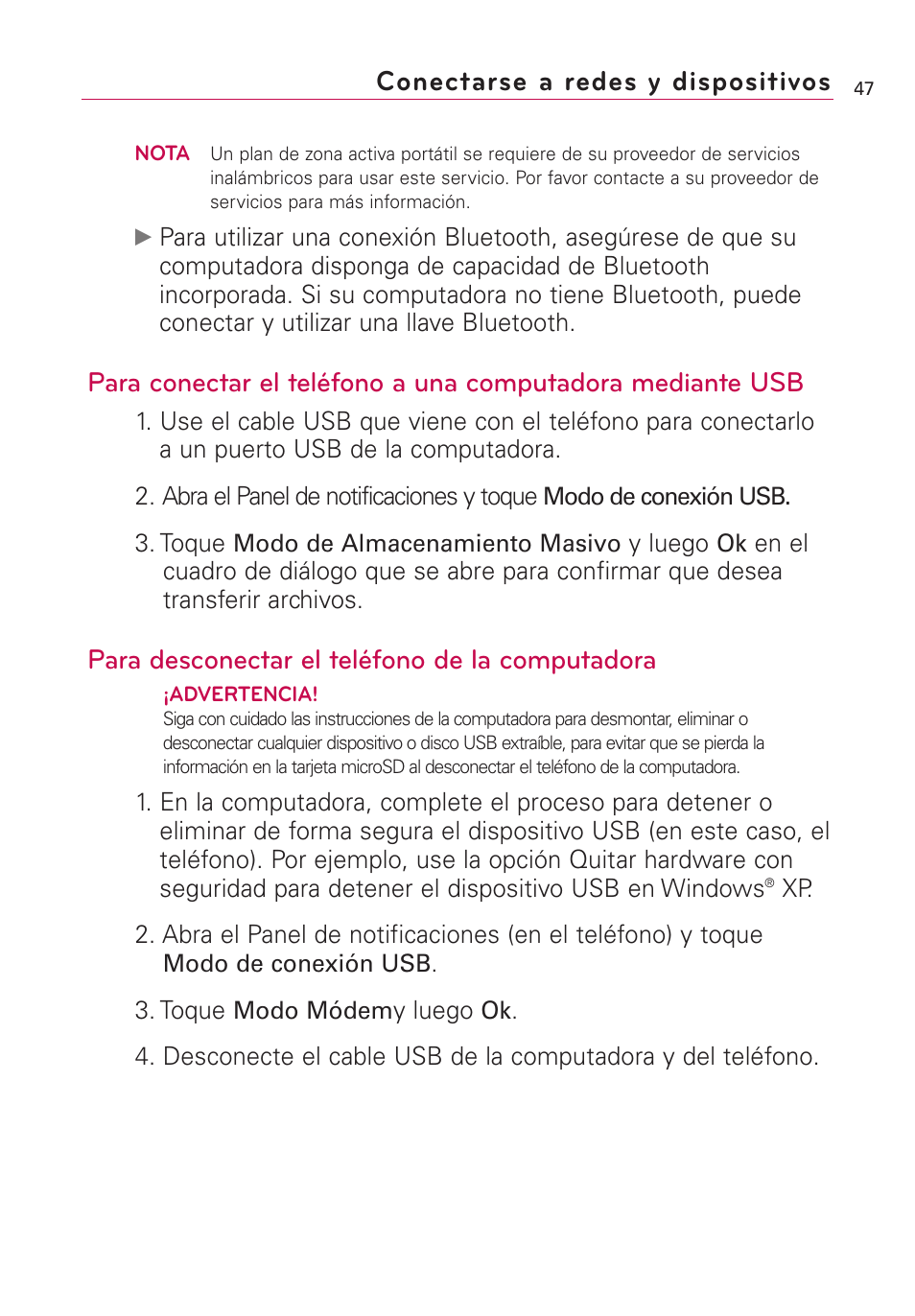 Conectarse a redes y dispositivos, Para desconectar el teléfono de la computadora | LG US760 User Manual | Page 194 / 312