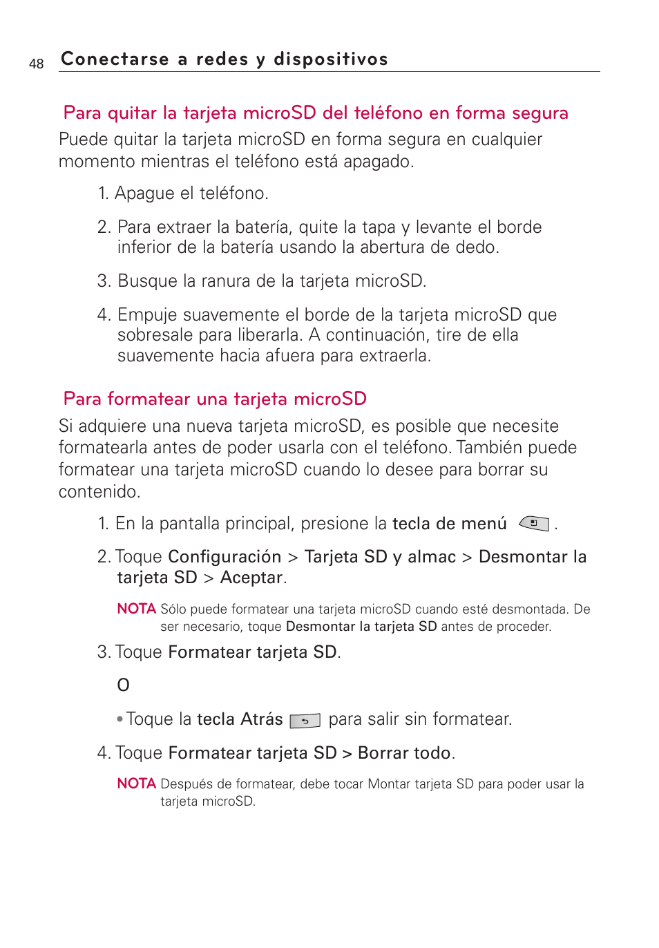 Para formatear una tarjeta microsd | LG US760 User Manual | Page 195 / 312