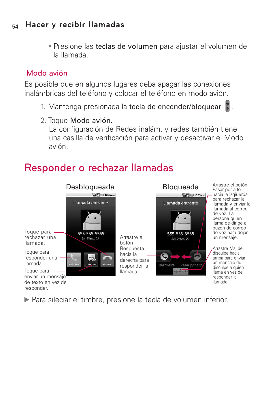 Responder o rechazar llamadas, Modo avión, Hacer y recibir llamadas | LG US760 User Manual | Page 201 / 312