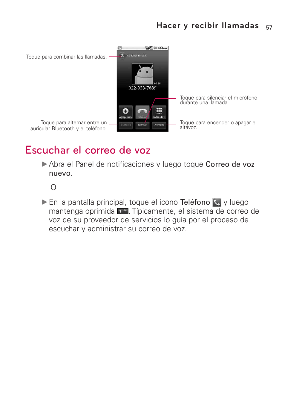 Escuchar el correo de voz, Hacer y recibir llamadas | LG US760 User Manual | Page 204 / 312