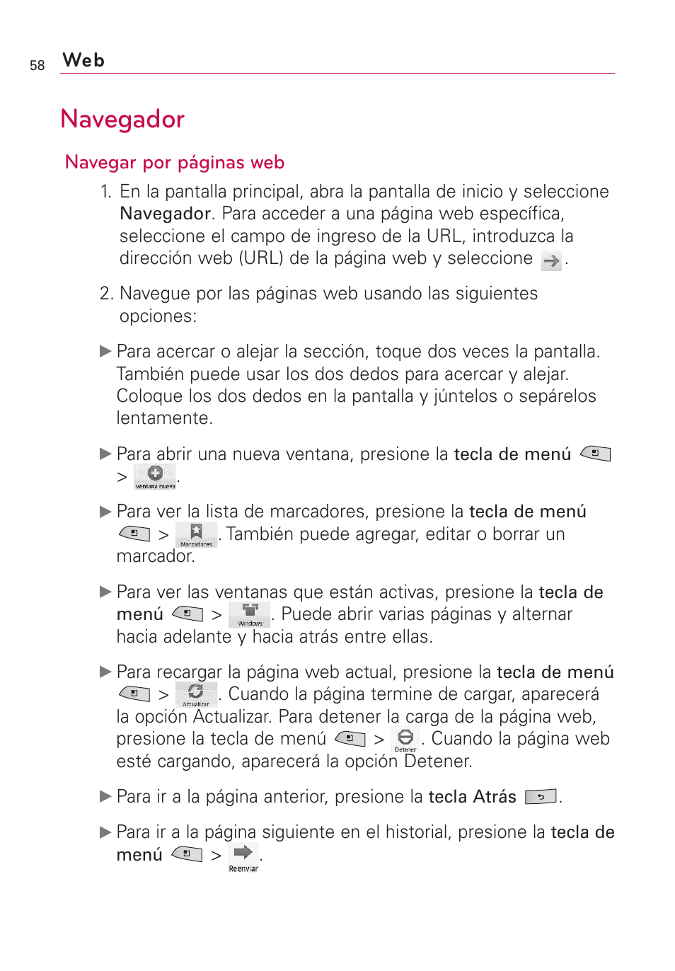 Navegador, Navegar por páginas web | LG US760 User Manual | Page 205 / 312