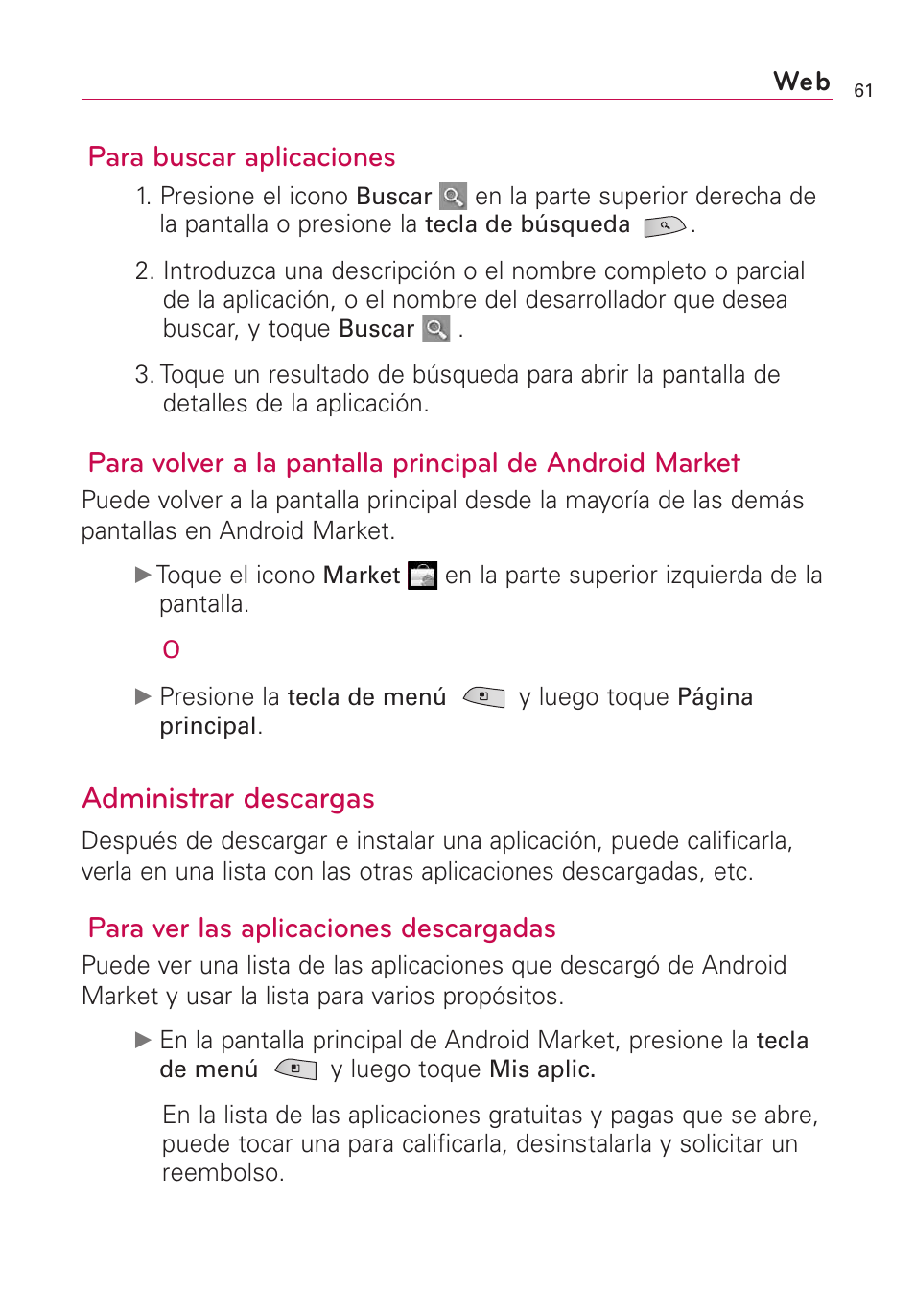 Administrar descargas, Para buscar aplicaciones, Para ver las aplicaciones descargadas | LG US760 User Manual | Page 208 / 312