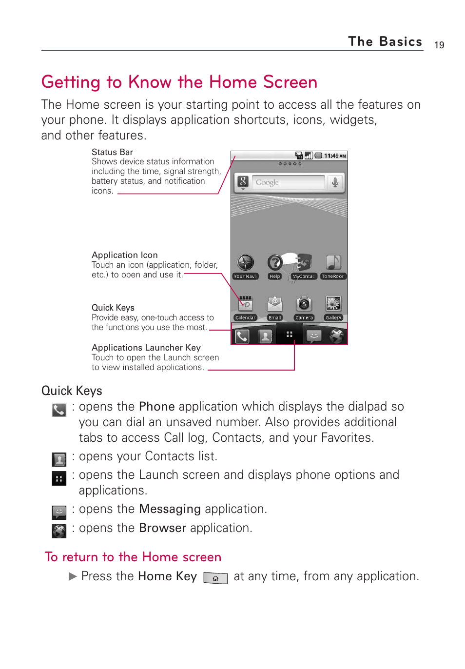 Getting to know the home screen, The basics | LG US760 User Manual | Page 21 / 312