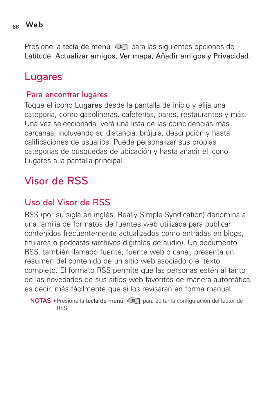 Lugares, Visor de rss, Uso del visor de rss | LG US760 User Manual | Page 213 / 312