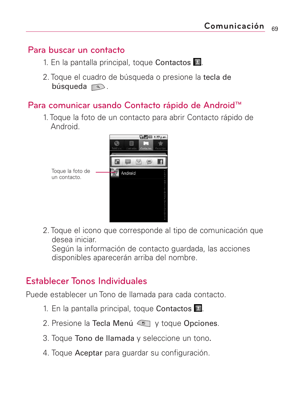 Establecer tonos individuales, Para buscar un contacto, Para comunicar usando contacto rápido de android | LG US760 User Manual | Page 216 / 312