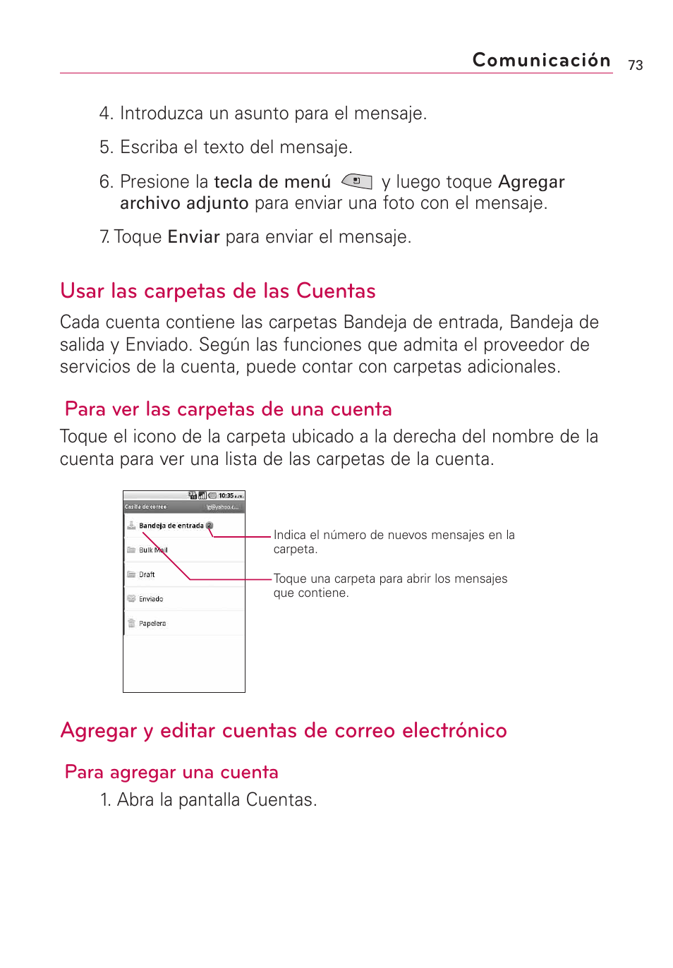 Usar las carpetas de las cuentas, Agregar y editar cuentas de correo electrónico, Para ver las carpetas de una cuenta | LG US760 User Manual | Page 220 / 312