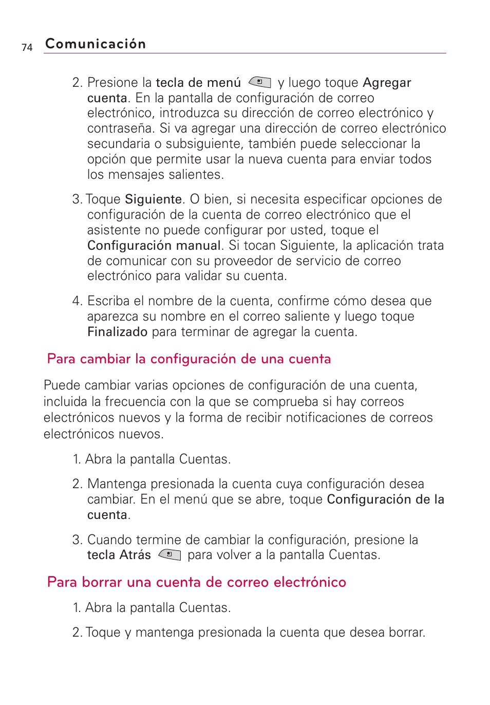 Para borrar una cuenta de correo electrónico | LG US760 User Manual | Page 221 / 312