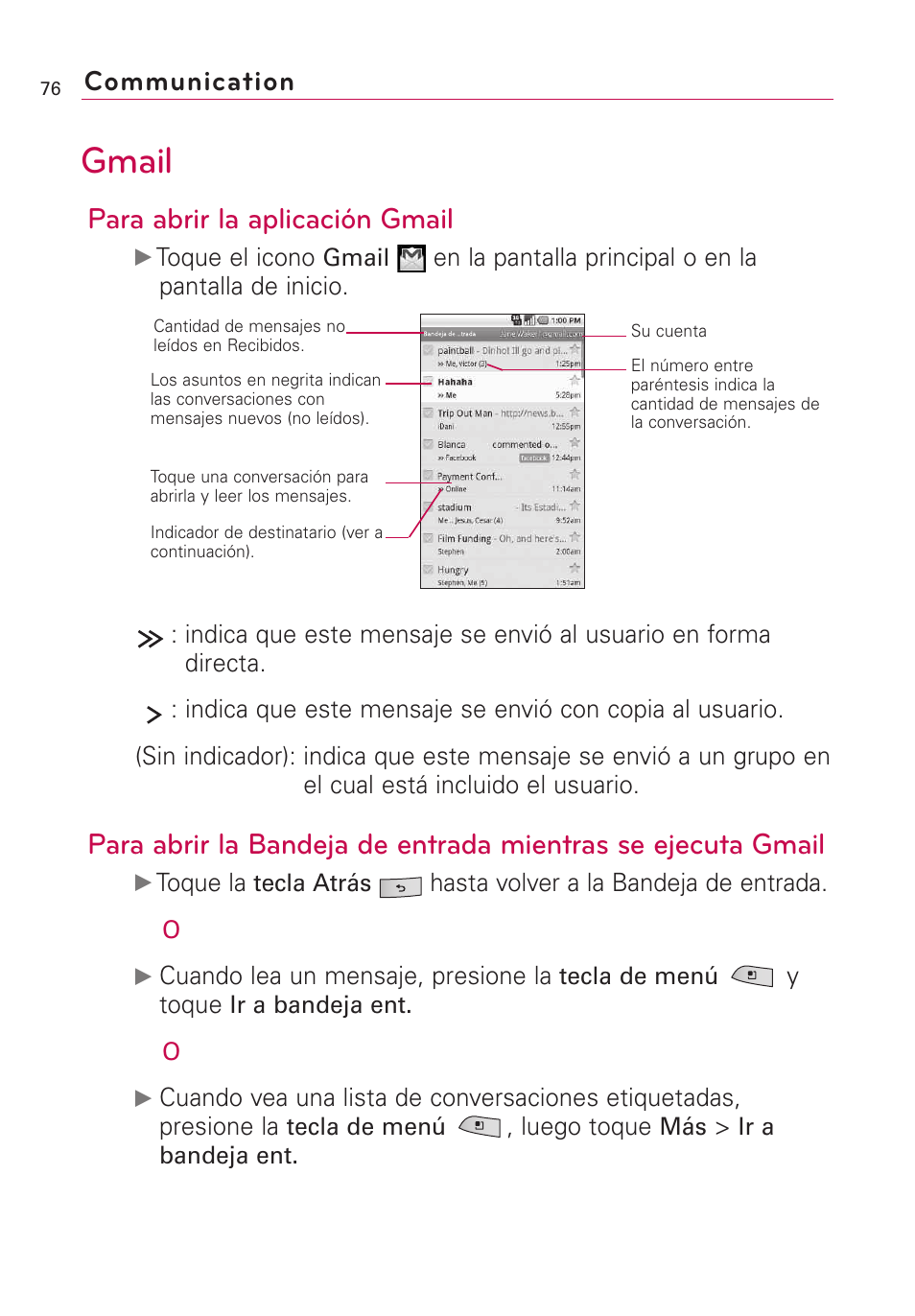 Gmail, Para abrir la aplicación gmail, Communication | LG US760 User Manual | Page 223 / 312