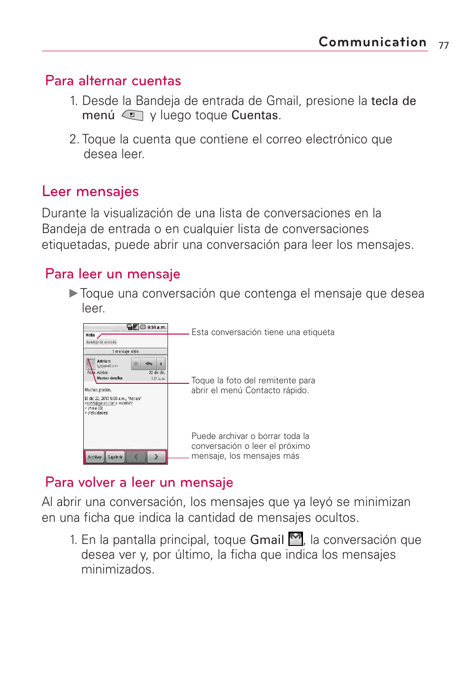 Leer mensajes, Para alternar cuentas, Para leer un mensaje | Para volver a leer un mensaje, Communication | LG US760 User Manual | Page 224 / 312