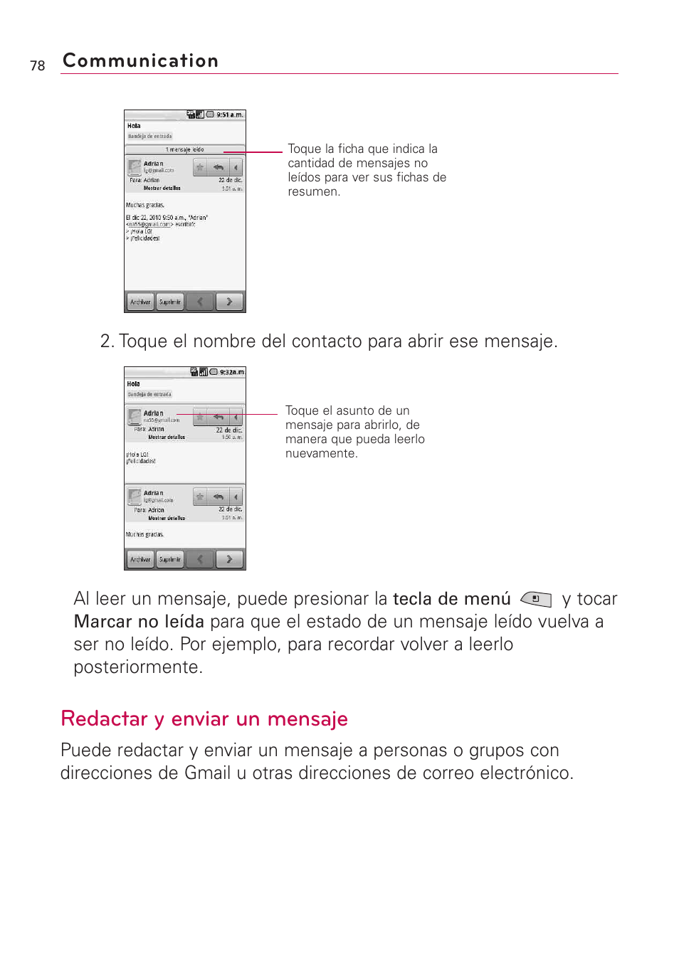 Redactar y enviar un mensaje, Communication | LG US760 User Manual | Page 225 / 312