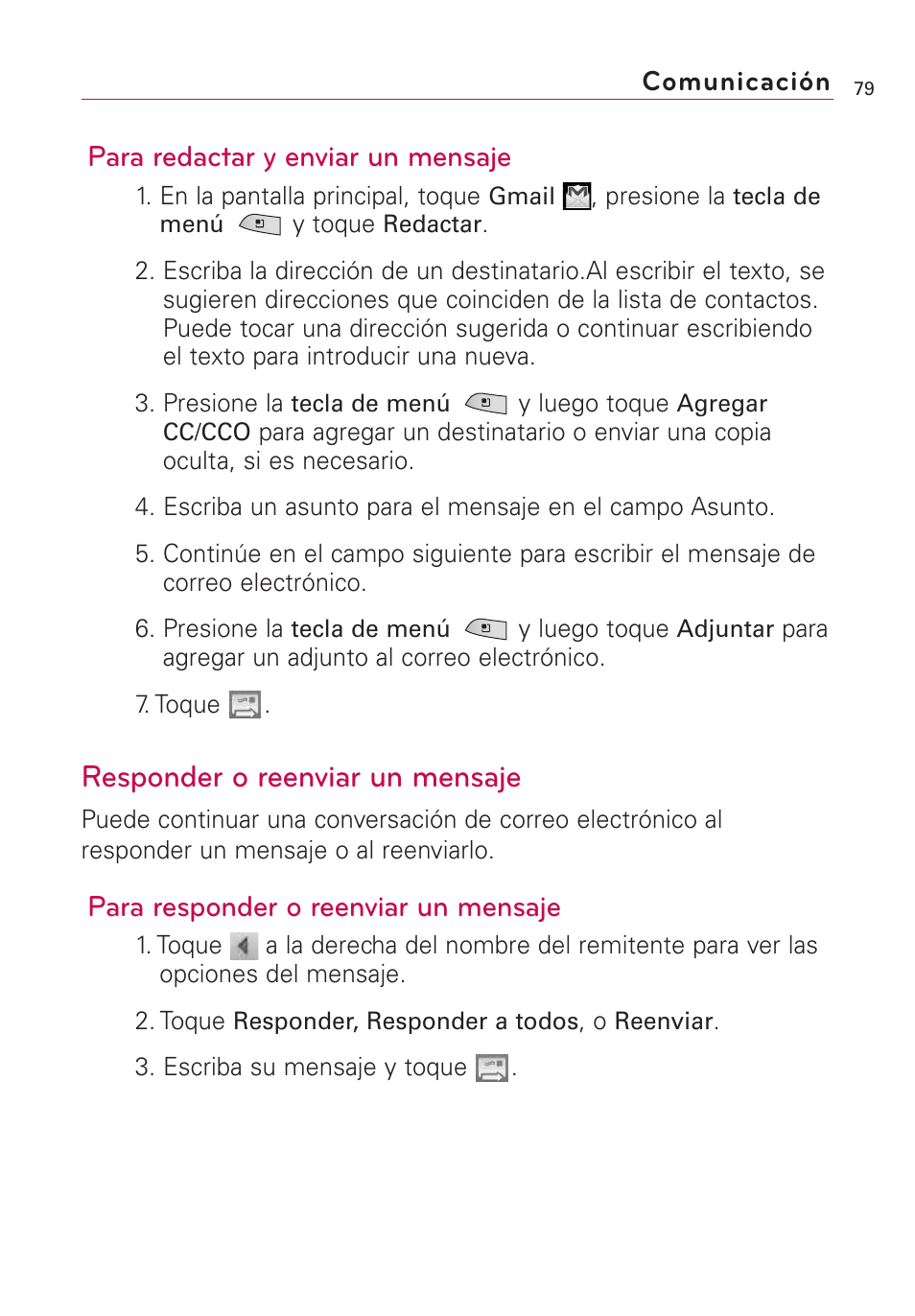 Responder o reenviar un mensaje, Para redactar y enviar un mensaje, Para responder o reenviar un mensaje | LG US760 User Manual | Page 226 / 312