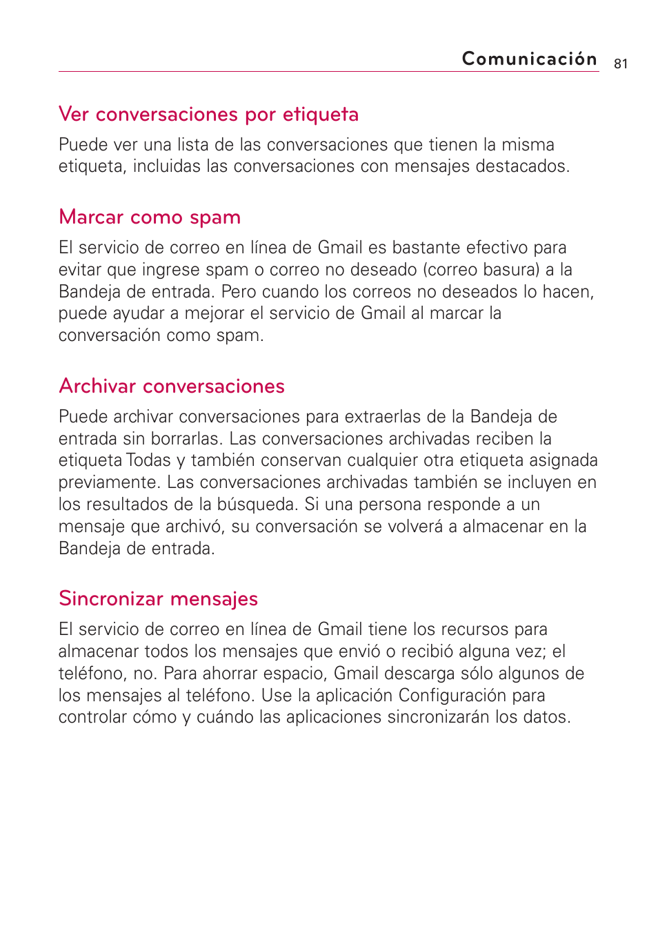 Ver conversaciones por etiqueta, Marcar como spam, Archivar conversaciones | Sincronizar mensajes | LG US760 User Manual | Page 228 / 312